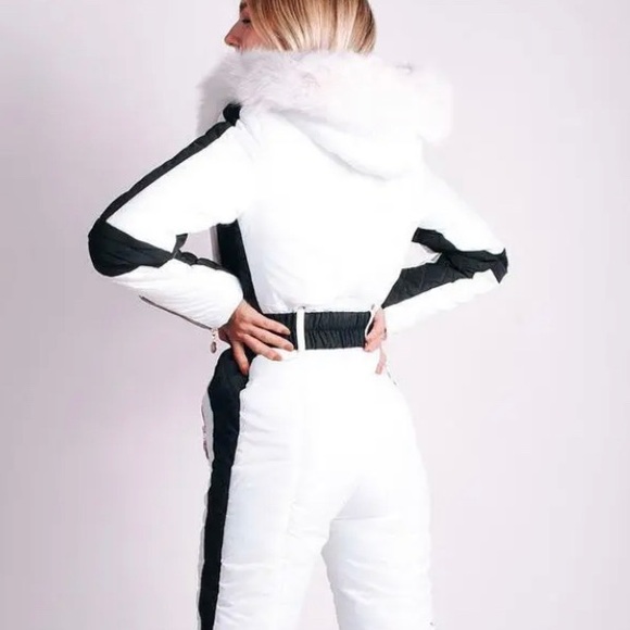 S - 2XL winter SNOWSUIT white album black stripe womens skisuit belted insulated - Picture 3 of 16
